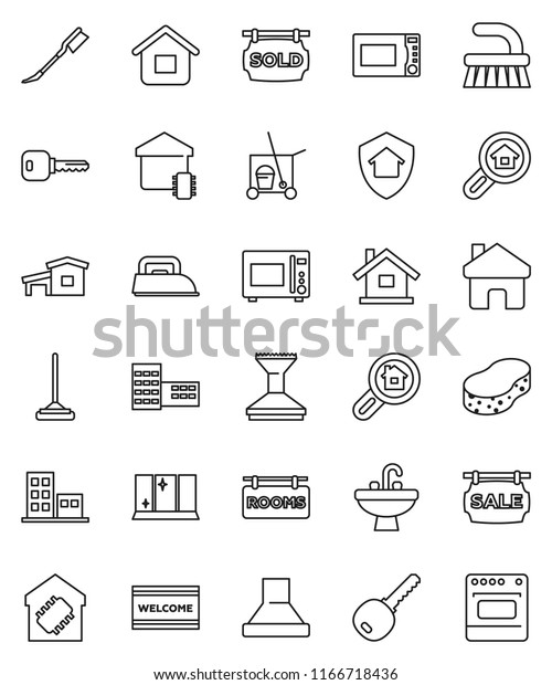 thin line vector icon set - cleaner trolley vector,\
fetlock, mop, sponge, car, welcome mat, shining window, sink,\
microwave oven, school building, home, key, house, cottage, sale\
signboard, rooms