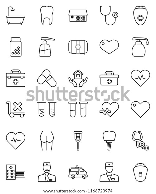thin line vector icon set - liquid soap vector,
house hold, heart pulse, pills vial, buttocks, first aid kit, no
trolley, doctor bag, crutches, stethoscope, hospital building,
ambulance car, tooth