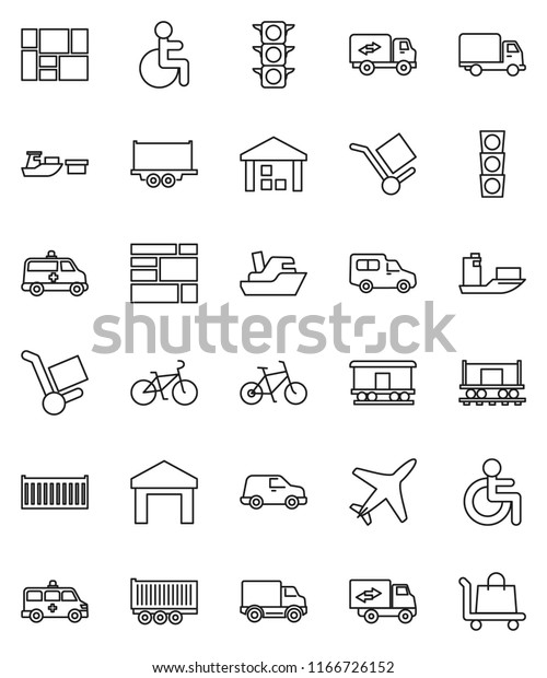 thin line vector icon set - bike vector, Railway\
carriage, plane, traffic light, ship, truck trailer, sea container,\
delivery, car, port, consolidated cargo, warehouse, disabled,\
ambulance, trolley