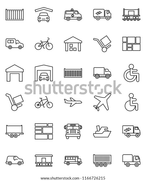 thin line vector icon set - school bus vector,\
bike, Railway carriage, plane, ship, truck trailer, sea container,\
delivery, car, consolidated cargo, warehouse, disabled, ambulance,\
garage, trolley
