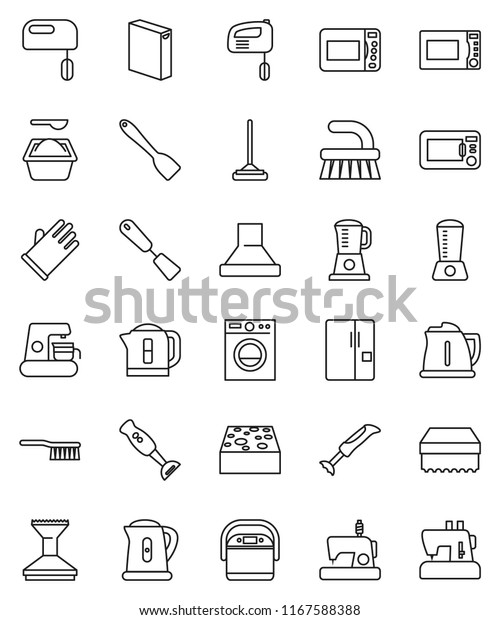 thin line vector icon set - fetlock vector, mop,\
sponge, car, washing powder, rubber glove, kettle, spatula,\
microwave oven, blender, fridge, washer, mixer, coffee maker, hood,\
multi cooker