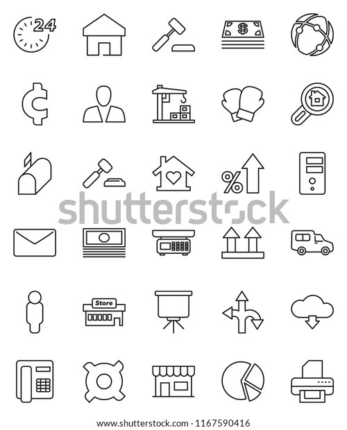 thin line vector icon set - presentation vector, pie\
graph, cash, percent growth, auction, man, any currency, cent sign,\
boxing glove, route, car, top, connection, server, home, cloud\
download, mail