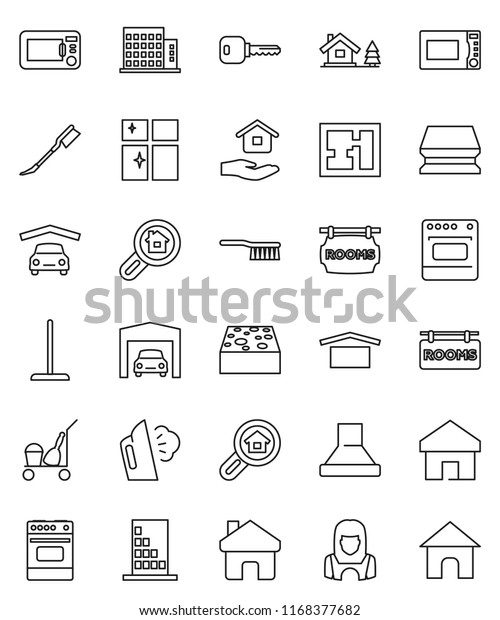 thin line vector icon set - cleaner trolley\
vector, fetlock, mop, sponge, car, steaming, shining window, house\
hold, woman, microwave oven, dry cargo, home, key, chalet, garage,\
plan, apartments