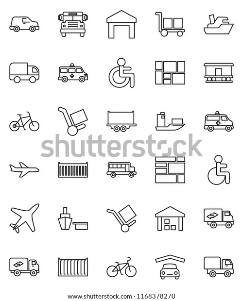 thin line vector icon set - school bus vector,\
bike, plane, ship, truck trailer, sea container, car, port,\
consolidated cargo, warehouse, Railway carriage, disabled,\
amkbulance, garage,\
relocation