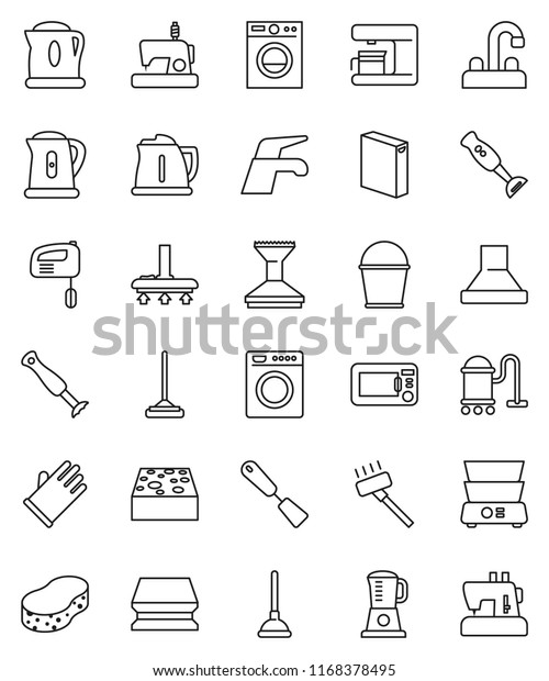 thin line vector icon set - plunger vector, water\
tap, vacuum cleaner, mop, bucket, sponge, car fetlock, washing\
powder, rubber glove, kettle, spatula, double boiler, blender,\
washer, mixer, hood