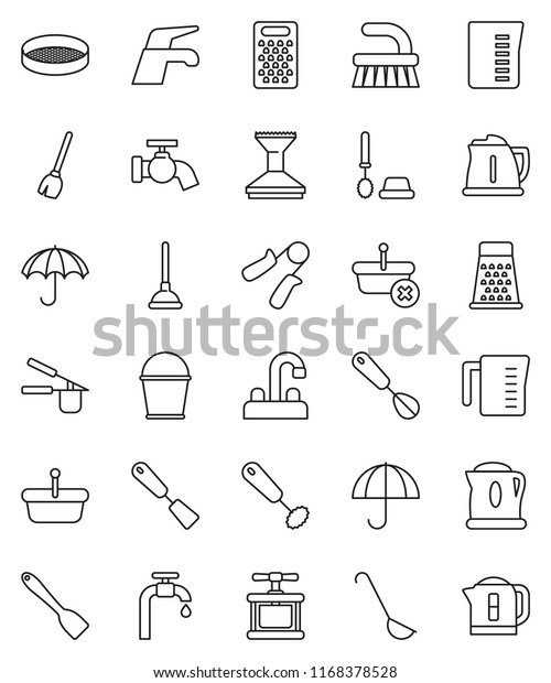 thin line vector icon set - plunger vector,
broom, water tap, fetlock, bucket, car, toilet brush, kettle,
measuring cup, cook press, whisk, spatula, ladle, grater, sieve,
hand trainer, umbrella