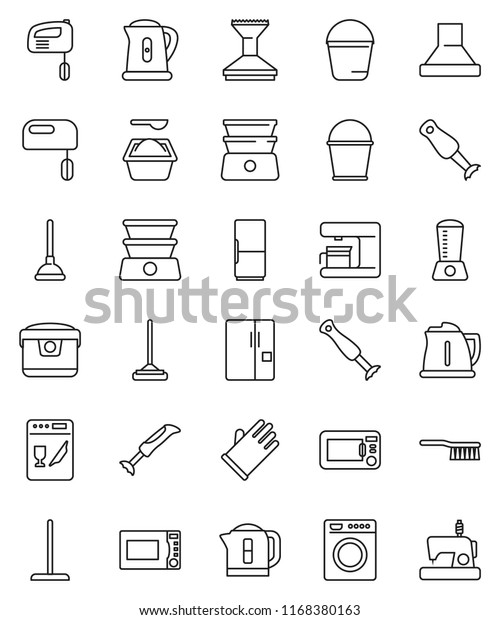 thin line vector icon set - plunger vector,\
fetlock, mop, bucket, car, washing powder, rubber glove, kettle,\
microwave oven, double boiler, blender, fridge, washer, dishwasher,\
mixer, coffee maker