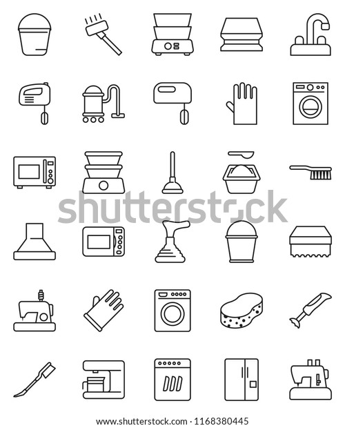 thin line vector icon set - plunger vector, vacuum\
cleaner, fetlock, bucket, sponge, car, washing powder, rubber\
glove, water tap, microwave oven, double boiler, fridge, washer,\
dishwasher, mixer