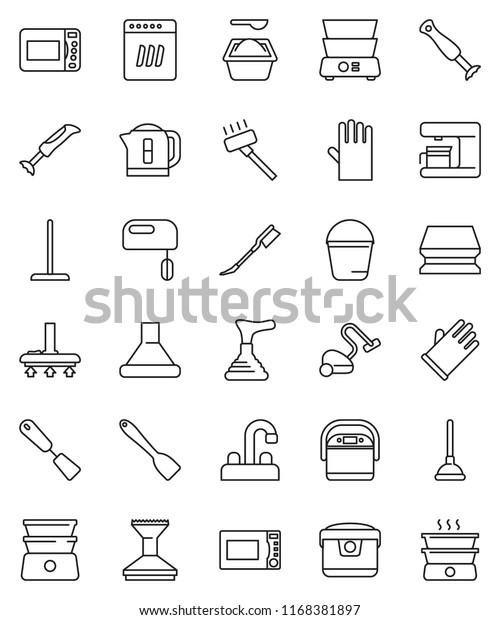 thin line vector icon set - plunger vector, vacuum\
cleaner, mop, bucket, sponge, car fetlock, washing powder, rubber\
glove, water tap, spatula, microwave oven, double boiler,\
dishwasher, mixer, hood