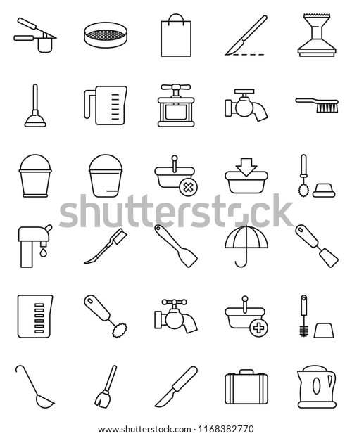 thin line vector icon set - plunger vector, broom,\
fetlock, bucket, water tap, car, toilet brush, measuring cup, cook\
press, whisk, spatula, ladle, sieve, case, umbrella, scalpel,\
supply, basket