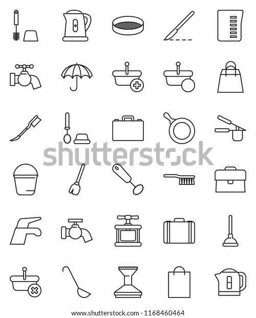 thin line vector icon set - plunger vector, broom,\
water tap, fetlock, bucket, car, toilet brush, pan, kettle,\
measuring cup, cook press, whisk, ladle, sieve, case, umbrella,\
scalpel, shopping bag