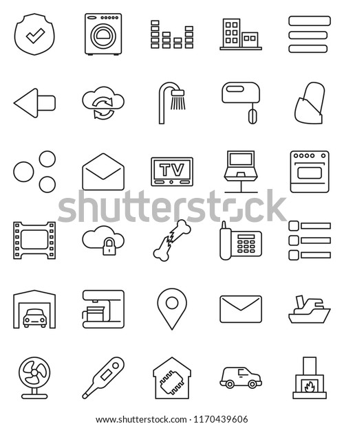thin line vector icon set - phone vector, ship, car,
protected, film frame, equalizer, tv, mail, thermometer, broken
bone, bandage, notebook network, cloud exchange, lock, menu, share,
arrow, pin