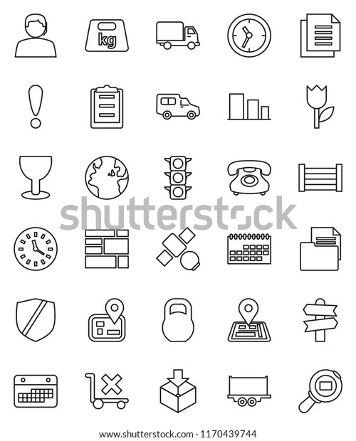 thin line vector icon set - signpost vector,\
navigator, earth, attention, satellite, traffic light, phone,\
support, truck trailer, delivery, car, clock, calendar, wood box,\
consolidated cargo, glass