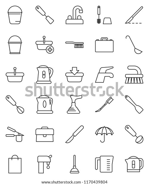 thin line vector icon set - plunger vector, water\
tap, fetlock, bucket, car, toilet brush, kettle, measuring cup,\
cook press, whisk, spatula, ladle, case, umbrella, scalpel, supply,\
shopping bag