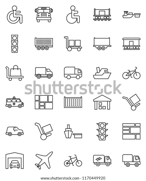 thin line vector icon set - school bus vector,\
bike, Railway carriage, plane, traffic light, ship, truck trailer,\
sea container, delivery, car, port, consolidated cargo, warehouse,\
disabled, garage