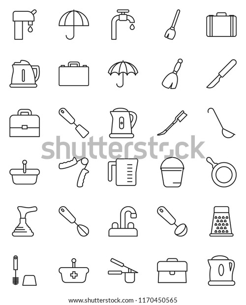 thin line vector icon set - plunger vector,\
broom, bucket, car fetlock, toilet brush, water tap, pan, kettle,\
measuring cup, cook press, whisk, spatula, ladle, grater, case,\
hand trainer, umbrella
