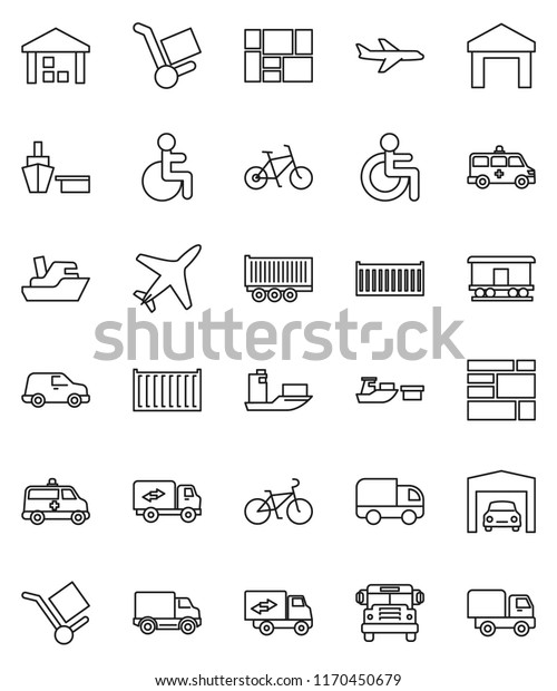 thin line vector icon set - school bus vector,\
bike, plane, ship, truck trailer, sea container, delivery, car,\
port, consolidated cargo, warehouse, Railway carriage, disabled,\
amkbulance, garage