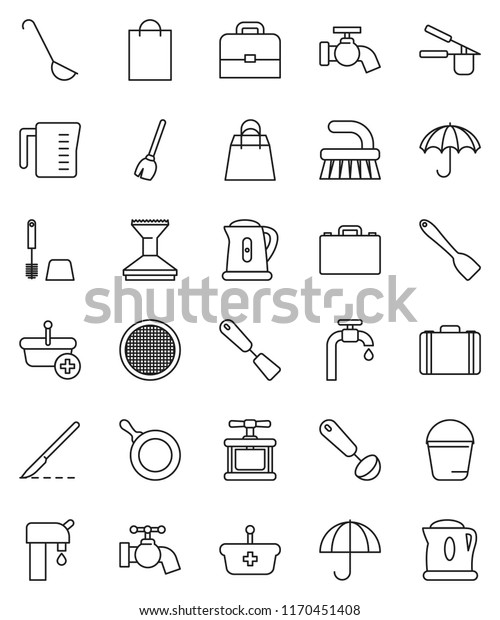 thin line vector icon set - broom vector, fetlock,
bucket, water tap, car, toilet brush, pan, kettle, measuring cup,
cook press, spatula, ladle, sieve, case, umbrella, scalpel, supply,
shopping bag