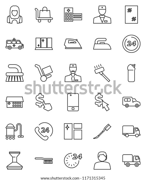 thin line vector icon set - vacuum cleaner vector,\
fetlock, car, window cleaning, iron, agent, shining, woman, dollar\
cursor, phone 24, support, delivery, mobile, doctor, hospital\
building, hour