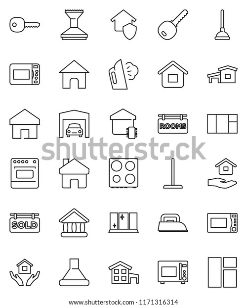 thin line vector icon set - plunger vector, mop,\
car fetlock, steaming, shining window, house hold, microwave oven,\
university, home, key, cottage, garage, rooms signboard, sold,\
smart, protect
