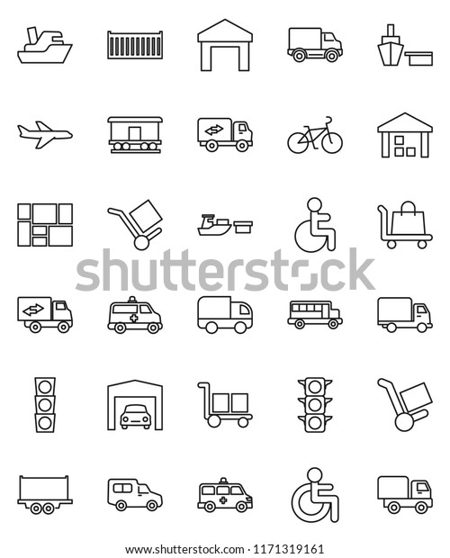 thin line vector icon set - school bus vector,
bike, plane, traffic light, ship, truck trailer, sea container,
delivery, car, port, consolidated cargo, warehouse, Railway
carriage, disabled,
garage
