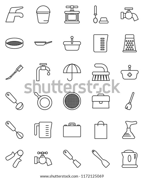 thin line vector icon set - plunger vector,\
broom, water tap, fetlock, bucket, car, toilet brush, pan,\
measuring cup, cook press, whisk, spatula, ladle, grater, sieve,\
case, hand trainer,\
umbrella
