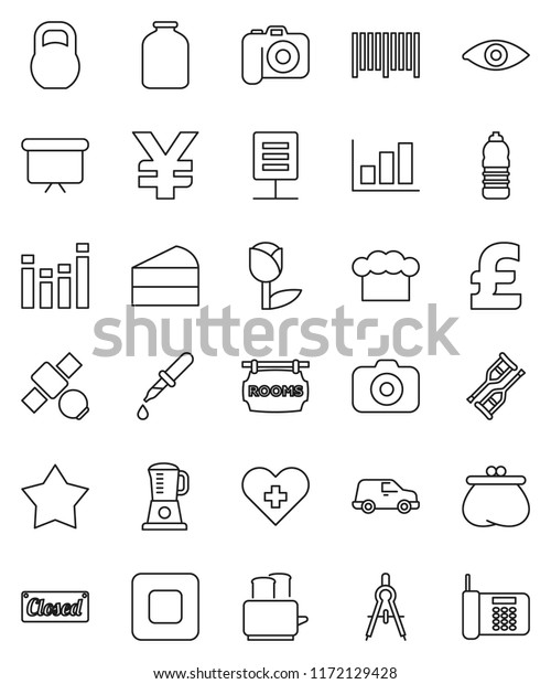 thin line vector icon set - cook hat vector, toaster,\
jar, cake, drawing compass, graph, presentation board, pound, yen\
sign, water bottle, satellite, car, tulip, weight, camera,\
equalizer, eye