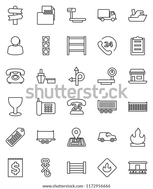 thin line vector icon set - route vector, signpost,\
navigator, office, traffic light, phone, 24, support, ship, truck\
trailer, sea container, delivery, car, receipt, port, wood box,\
clipboard, glass