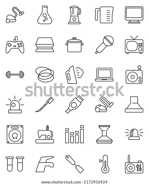 thin line vector icon set - water tap vector,\
vacuum cleaner, sponge, car fetlock, steaming, pan, measuring cup,\
spatula, thermometer, notebook pc, flask, barbell, hoop,\
microphone, radio,\
equalizer