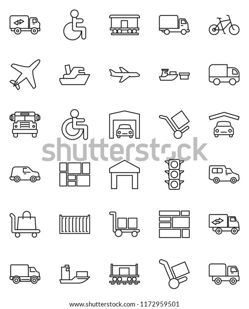 thin line vector icon set - school bus vector,
bike, Railway carriage, plane, traffic light, ship, sea container,
delivery, car, port, consolidated cargo, warehouse, disabled,
garage, trolley