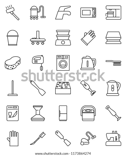 thin\
line vector icon set - water tap vector, vacuum cleaner, fetlock,\
mop, bucket, sponge, car, rubber glove, kettle, spatula, microwave\
oven, blender, fridge, washer, dishwasher,\
mixer
