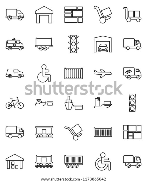 thin line vector icon set - bike vector, Railway\
carriage, plane, traffic light, ship, truck trailer, sea container,\
delivery, car, port, consolidated cargo, warehouse, disabled,\
amkbulance, garage