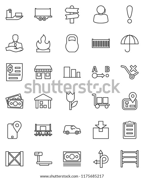 thin line vector icon set - route vector, signpost,\
navigator, Railway carriage, attention, office, money, support,\
client, traking, ship, truck trailer, sea container, car, receipt,\
wood box, cargo