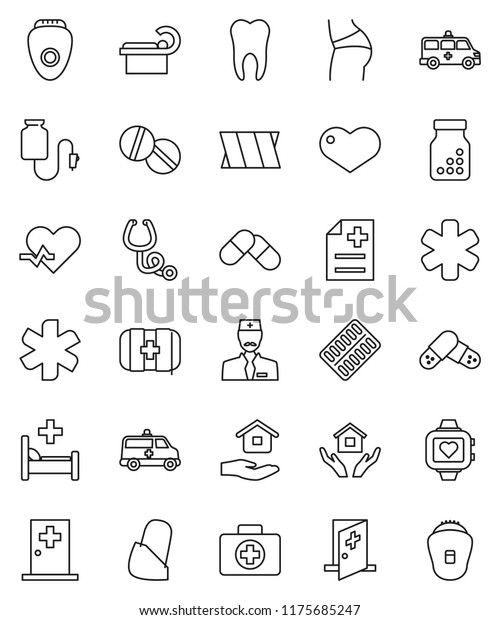 thin line vector icon set - house hold vector,\
buttocks, heart monitor, first aid kit, ambulance star, pulse,\
stethoscope, pills, bottle, blister, anamnesis, hospital bed,\
amkbulance car,\
tomography