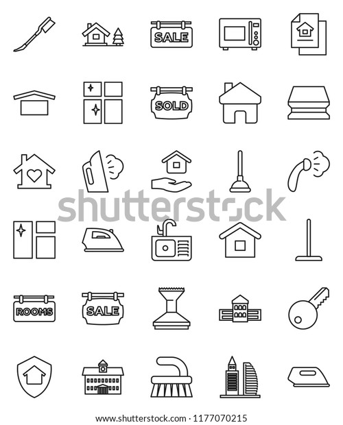 thin line vector icon set - plunger vector,\
fetlock, mop, sponge, car, window cleaning, iron, steaming,\
shining, house hold, sink, microwave oven, university, school\
building, dry cargo, home,\
rooms