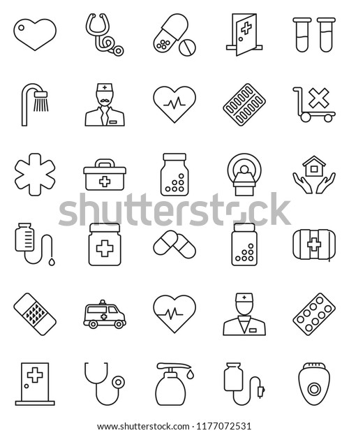 thin line vector icon set - liquid soap vector,
house hold, heart pulse, pills vial, first aid kit, no trolley,
doctor bag, ambulance star, patch, stethoscope, bottle, blister,
amkbulance car, bath