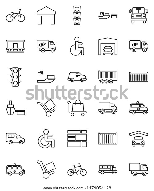 thin line vector icon set - school bus vector,\
bike, traffic light, ship, truck trailer, sea container, delivery,\
car, port, consolidated cargo, warehouse, Railway carriage,\
disabled, amkbulance