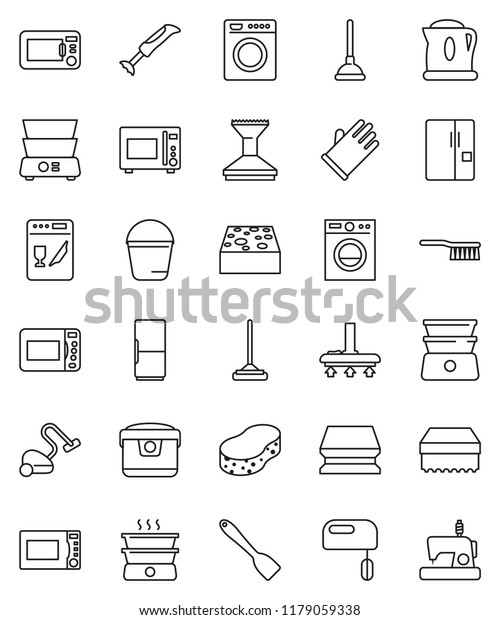 thin line vector icon set - plunger vector, vacuum\
cleaner, fetlock, mop, bucket, sponge, car, rubber glove, spatula,\
microwave oven, double boiler, fridge, washer, dishwasher, mixer,\
multi cooker