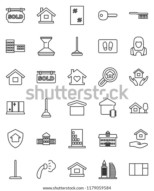 thin line vector icon set - plunger vector,\
fetlock, mop, car, window cleaning, welcome mat, steaming, shining,\
house hold, cleaner woman, university, school building, dry cargo,\
key, chalet, office