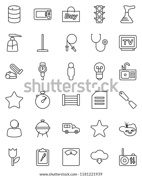 thin line vector icon set - plunger vector, mop,
liquid soap, sink, scales, spatula, bbq, document, man, stopwatch,
jump rope, traffic light, support, car, wood box, clipboard, tulip,
oil barrel, tv
