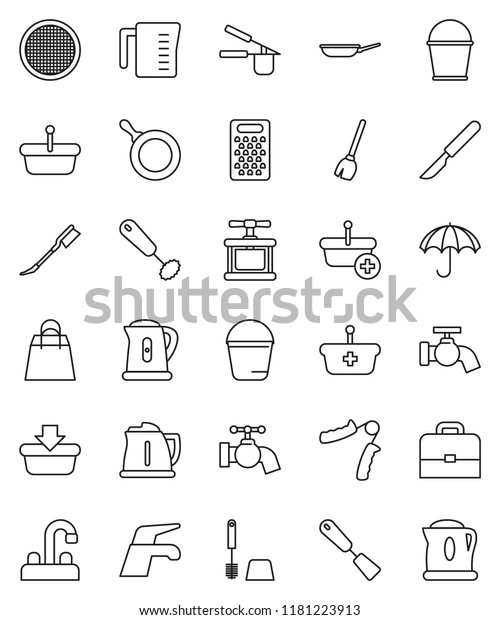 thin line vector icon set - broom vector, water
tap, bucket, car fetlock, toilet brush, pan, kettle, measuring cup,
cook press, whisk, spatula, grater, sieve, case, hand trainer,
umbrella, scalpel