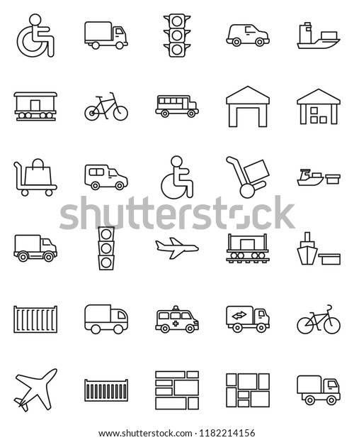 thin line vector icon set - school bus vector,
bike, Railway carriage, plane, traffic light, ship, sea container,
delivery, car, port, consolidated cargo, warehouse, disabled,
amkbulance, trolley