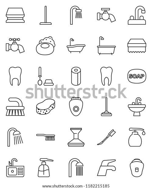thin line vector icon set - soap vector,\
water tap, fetlock, mop, sponge, car, bath, toilet brush, liquid,\
paper, shower, sink, tooth,\
epilator