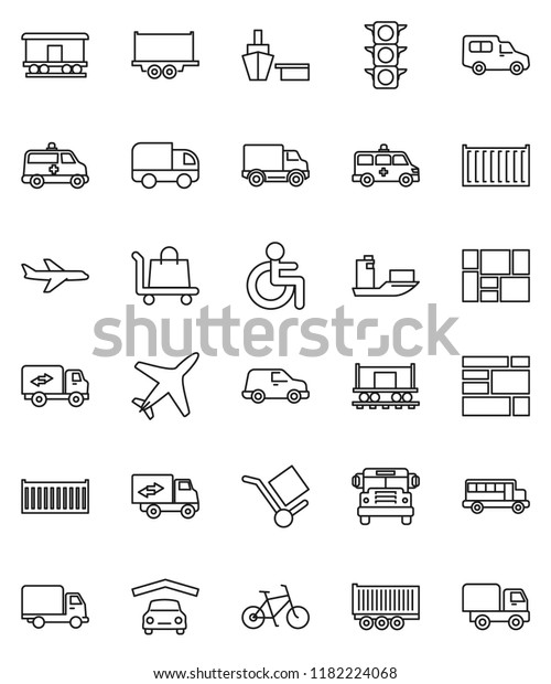 thin line vector icon set - school bus vector,\
bike, Railway carriage, plane, traffic light, ship, truck trailer,\
sea container, delivery, car, port, consolidated cargo, disabled,\
amkbulance, garage