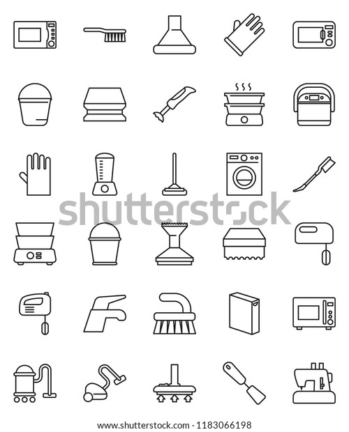 thin line vector icon set - water tap vector,\
vacuum cleaner, fetlock, mop, bucket, sponge, car, washing powder,\
rubber glove, spatula, microwave oven, double boiler, washer,\
mixer, hood, blender