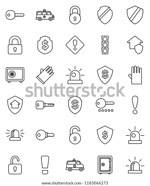 thin line vector icon set -\
rubber glove vector, dollar shield, safe, attention, traffic light,\
amkbulance car, lock, unlock, key, sign, siren, home protect,\
password