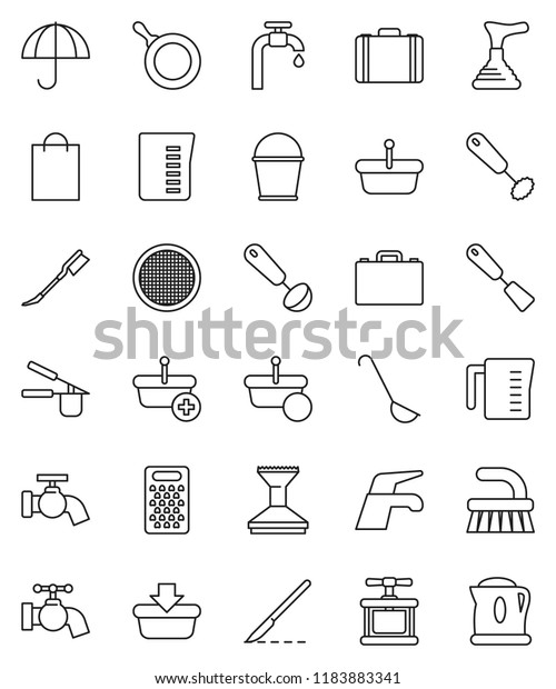 thin
line vector icon set - plunger vector, water tap, fetlock, bucket,
car, pan, measuring cup, cook press, whisk, spatula, ladle, grater,
sieve, case, umbrella, scalpel, supply, shopping
bag