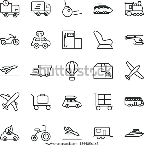thin line vector icon set - cargo trolley vector,\
car child seat, motor vehicle present, bicycle, core, delivery,\
cardboard box, modern gas station, eco, urgent, Express,\
helicopter, plane, train