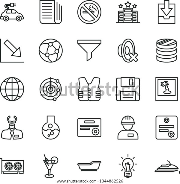thin line vector icon set - silent mode vector,\
negative chart, download archive data, bath, workman, earth,\
electric car, filter, column of coins, newspaper, gpu card,\
network, floppy, flask,\
bulb