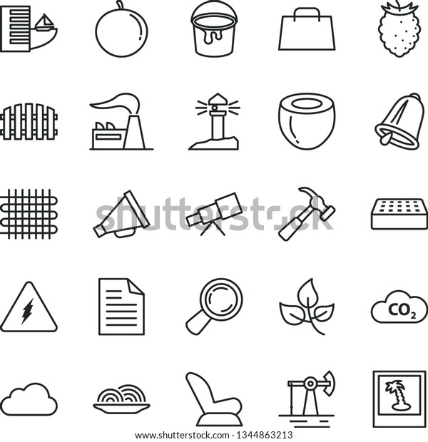 thin line vector icon set - scribbled paper\
vector, horn, car child seat, paint bucket, brick, fence, hammer\
with claw, bell, onion, tasty raspberry, tangerine, half of\
coconut, working oil\
derrick